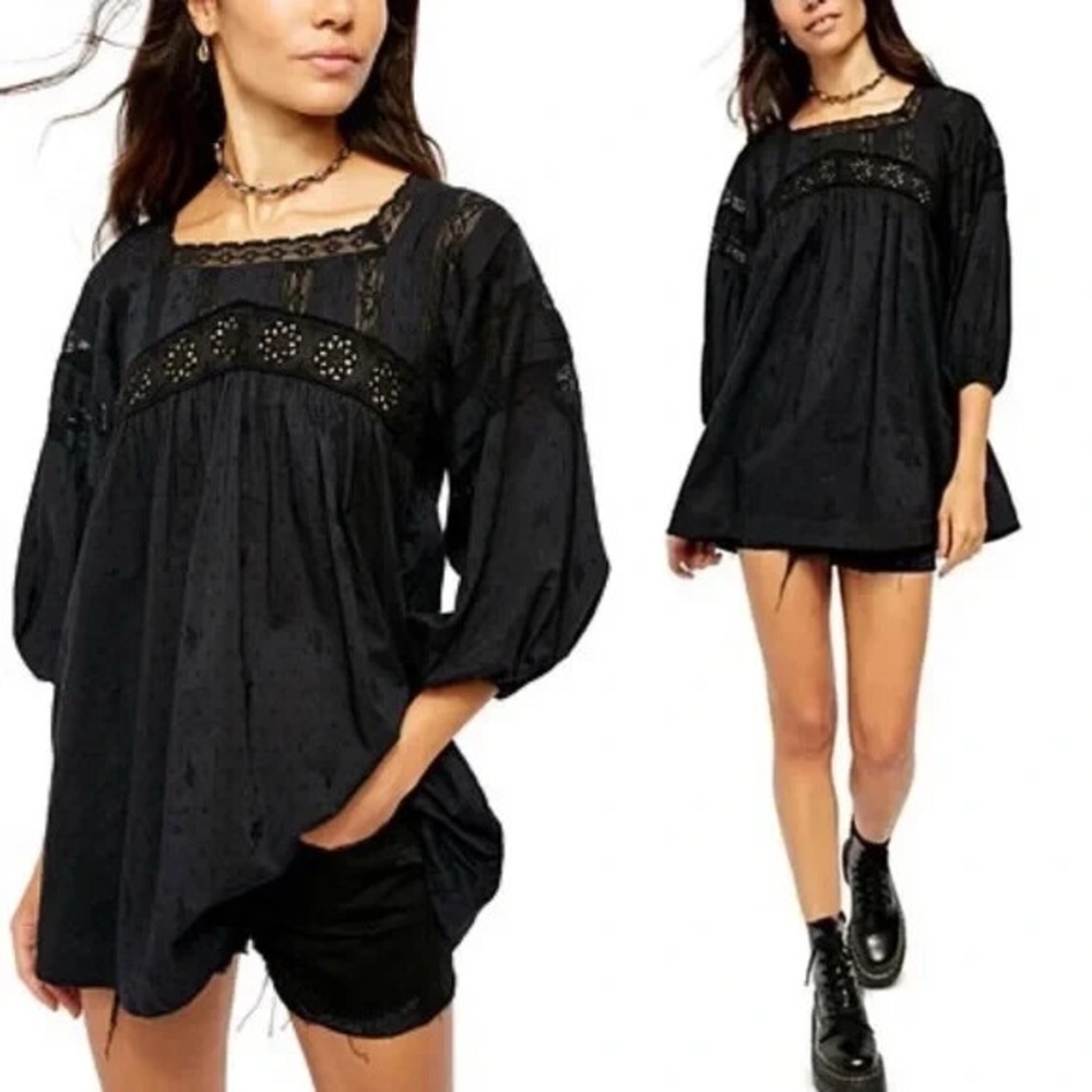 Free People Azalea Embroidered Tunic Dress Swiss Dot Black Puff Sleeve